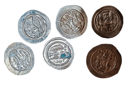 Set of six ancient coins with varying degrees of wear